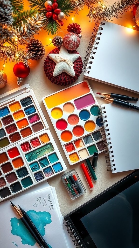 Flat lay of art supplies including watercolor paints, sketchbooks, and markers in a festive setting.